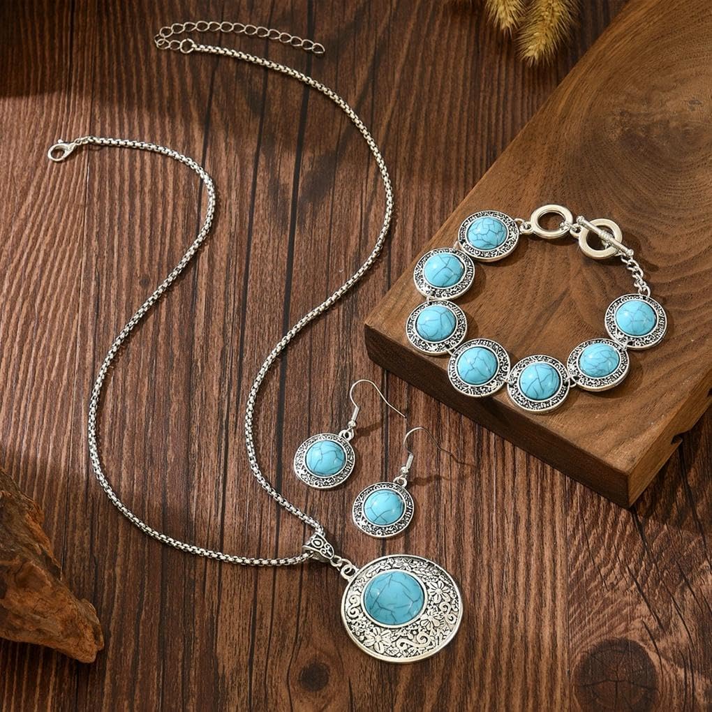 Boho Vintage Gold Turquoise Jewelry Set for Women, Western Adjustable Geometric Round Pendant Necklace Beaded Bracelet Drop Earrings Cowgirl Party Gifts image 4