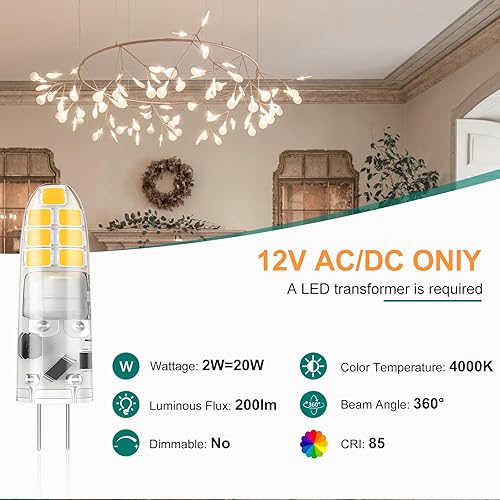 Miniatura 2 de DiCUNO Bombilla LED G4 de 12 V, bombillas base JC bi-pin de 2 W, blanco natural 4000 K, reemplazo halógeno T3 de 20 W LED para luz de paisaje,
