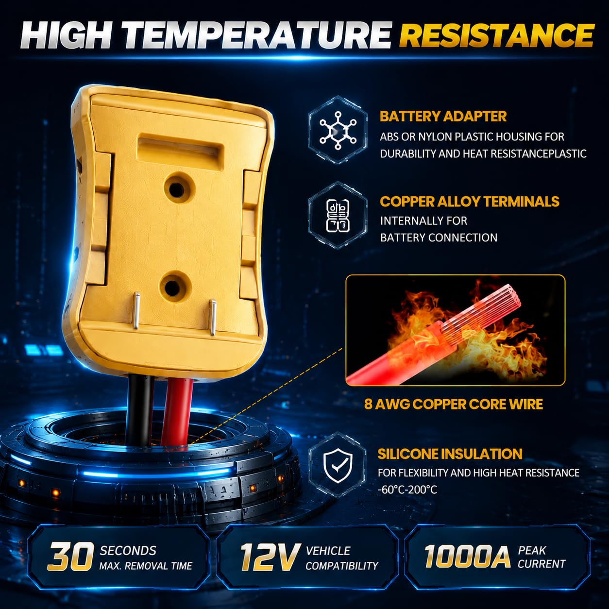 Adaptador de cables de puente de 20 V para Dewalt, cobre morado 8 AWG, abrazaderas grandes, cables de arranque de batería portátil para autos/cortacésped/herramientas, resistente al calor de 200