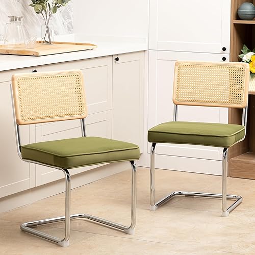 Miniatura 6 de Okeysen Juego de 2 sillas de comedor, modernas sillas de cocina de terciopelo de mediados de siglo con respaldo tejido de caña y patas de metal,