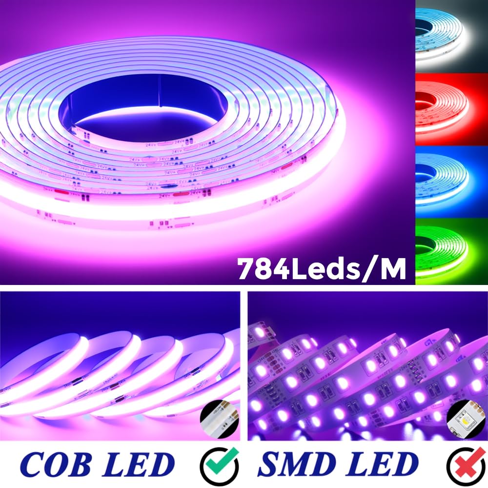 Tira LED COB RGBW 10 Metros - Tira Inteligente WiFi, 672 LED/m, Con Controlador Y Fuente De Alimentación
