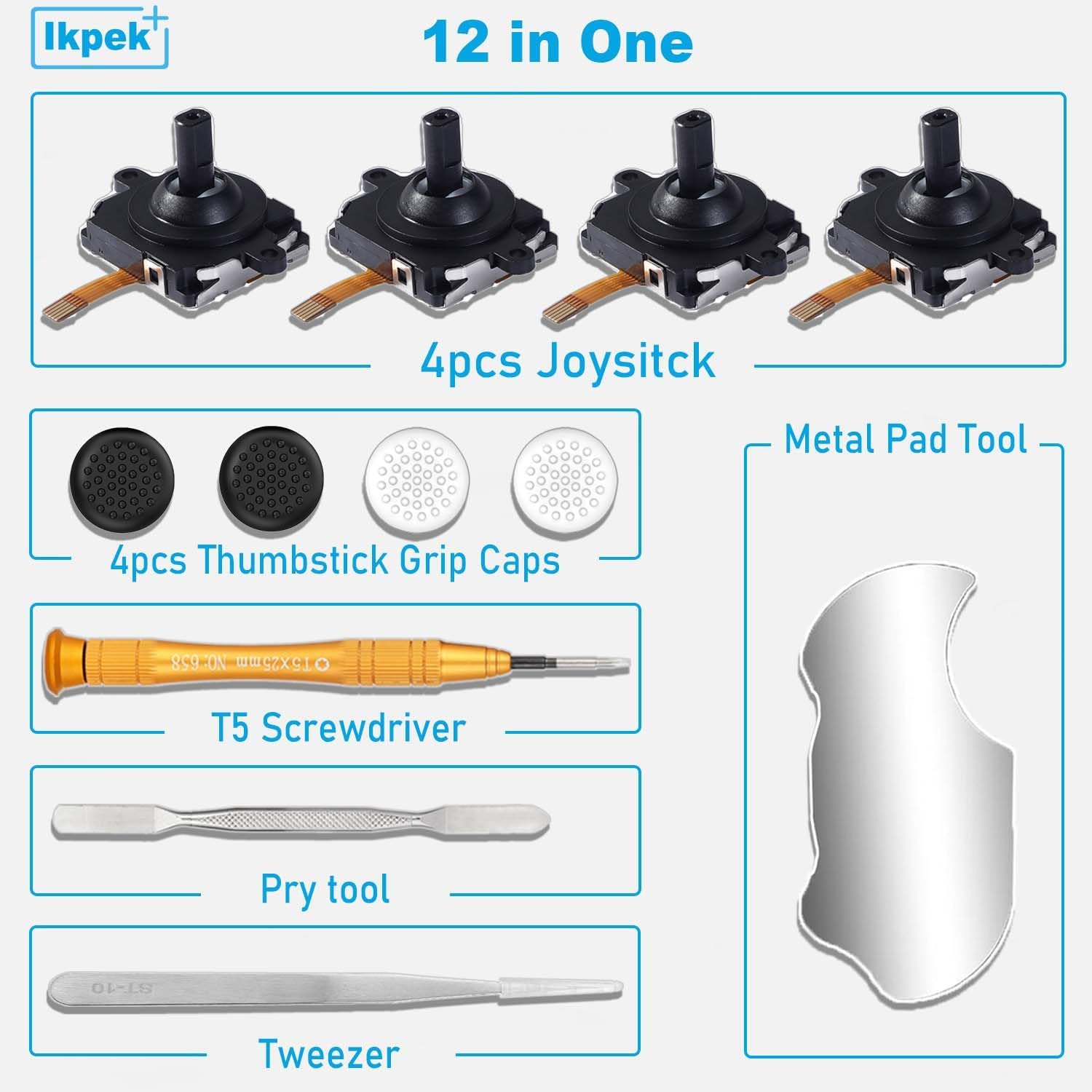 4 Pack Joystick Replacement Kit for Meta Quest 3 Controller(12 in one), Repair Kit for Oculus Quest 3Controller, Include 4 Joysticks, 4 Thumbstick Grips, T5 Screwdriver, Tweezer, Pry Tool