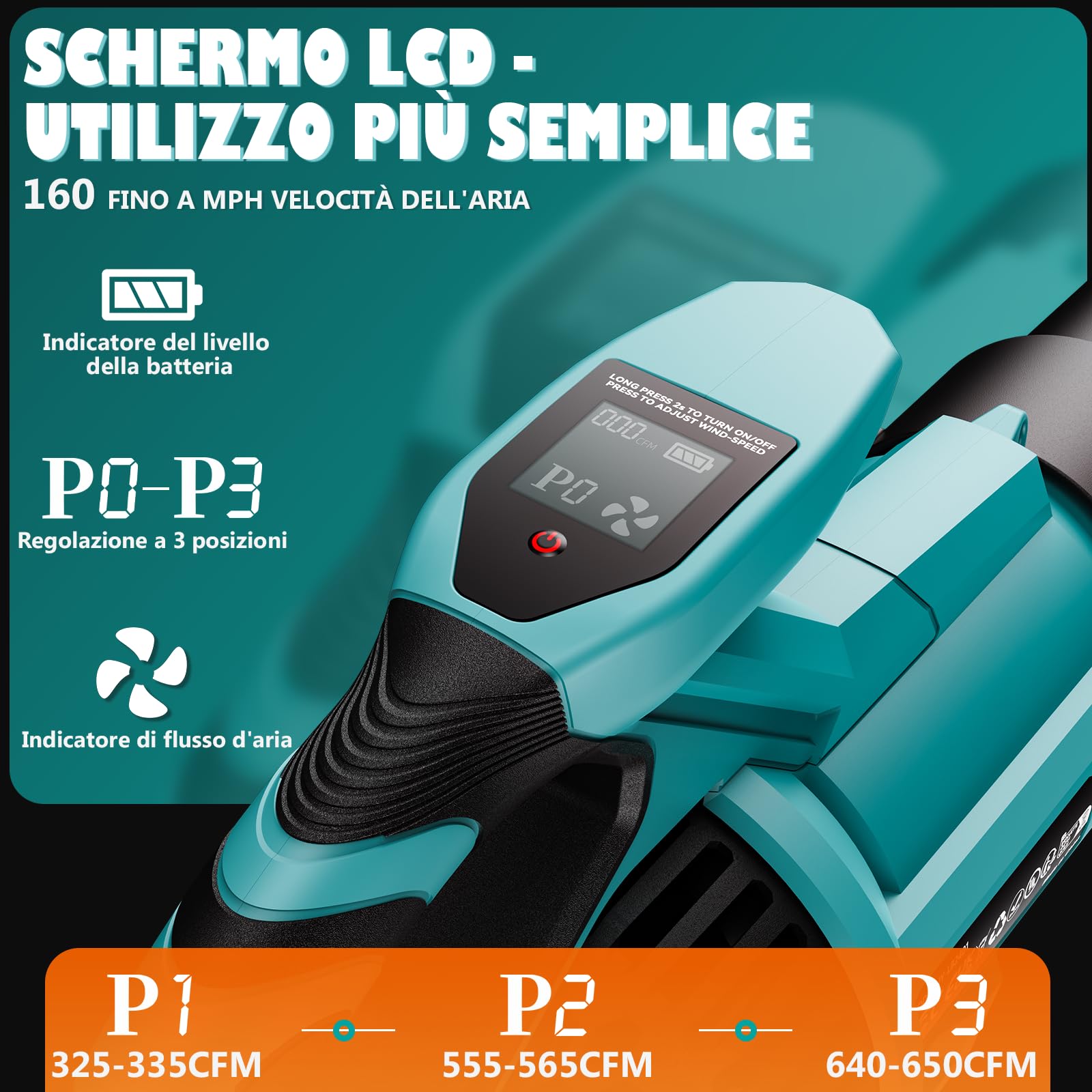 Olubfdh 21V Soffiatore a Batteria 255Km/h 1070m³/h, Max 38000RPM, 3 Velocità con 2 batterie 4000 mAh e caricabatterie Display LCD per Foglie Giardino, Trucioli Legno, Pulizia del Cortil (Blu)