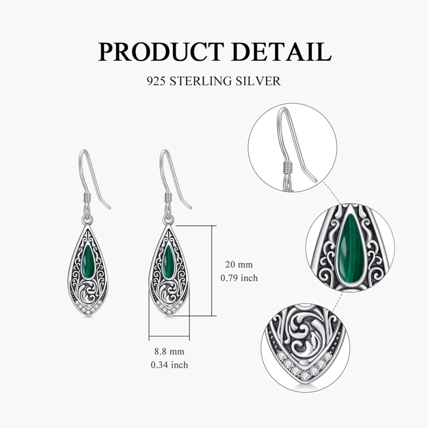 Filigree Earrings Sterling Silver Filigree Moonstone Turquoise Malachite Dangle Earrings Teardrop Earrings Jewelry for Women - Image 6