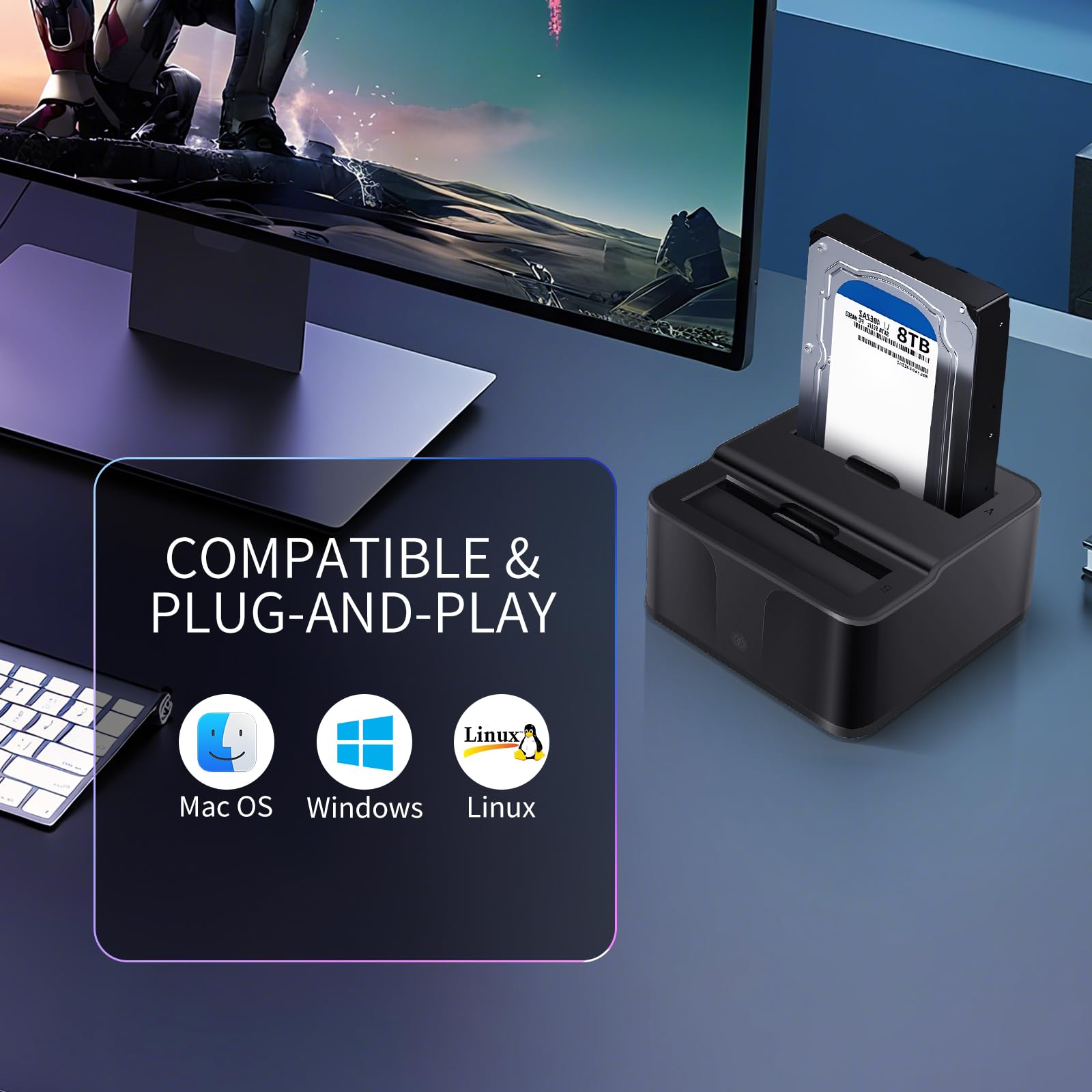Station d'accueil Double Baie USB 3.0 pour disques durs/SSD SATA 2,5"/3,5" (jusqu'à 2x16TB) avec Lecteur de Cartes SD/microSD intégré. Prend en Charge Le clonage Hors Ligne, Le Plug & Play