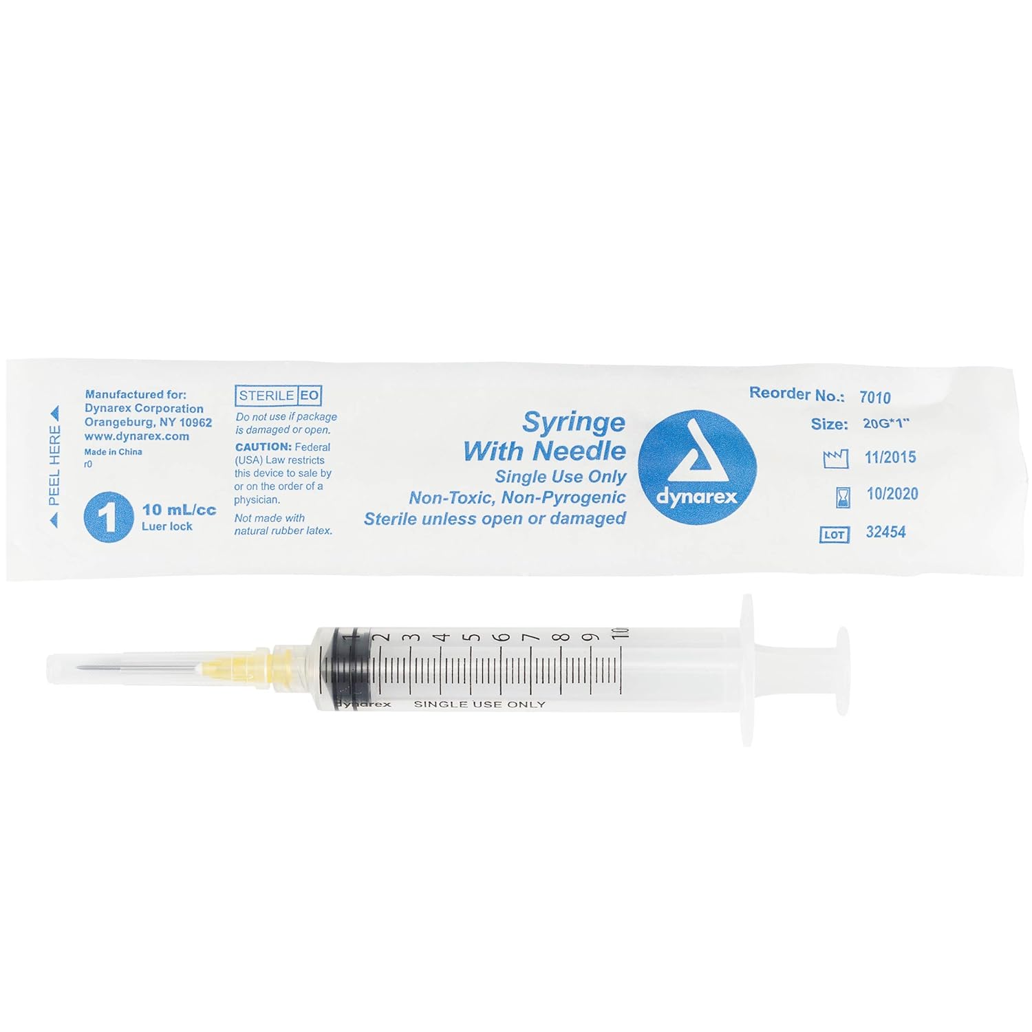Dynarex Disposable Syringe With Needle - 10CC - 20G, 1" Needle - 7010, 100 Count : Industrial & Scientific