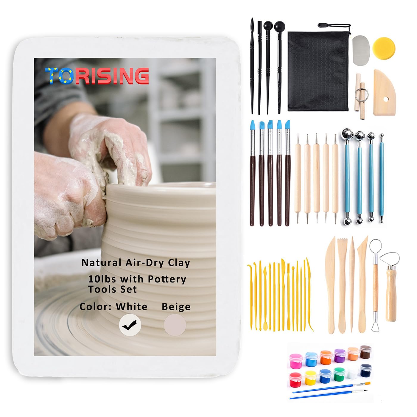 TORISING Air Dry Clay 10 LBs with 42 Pcs Set Pottery Clay Tools Set, 12 Vivid Colors 5ml Each and 2 Brushes for Hand Modeling and Throwing, Non-Toxic (White)