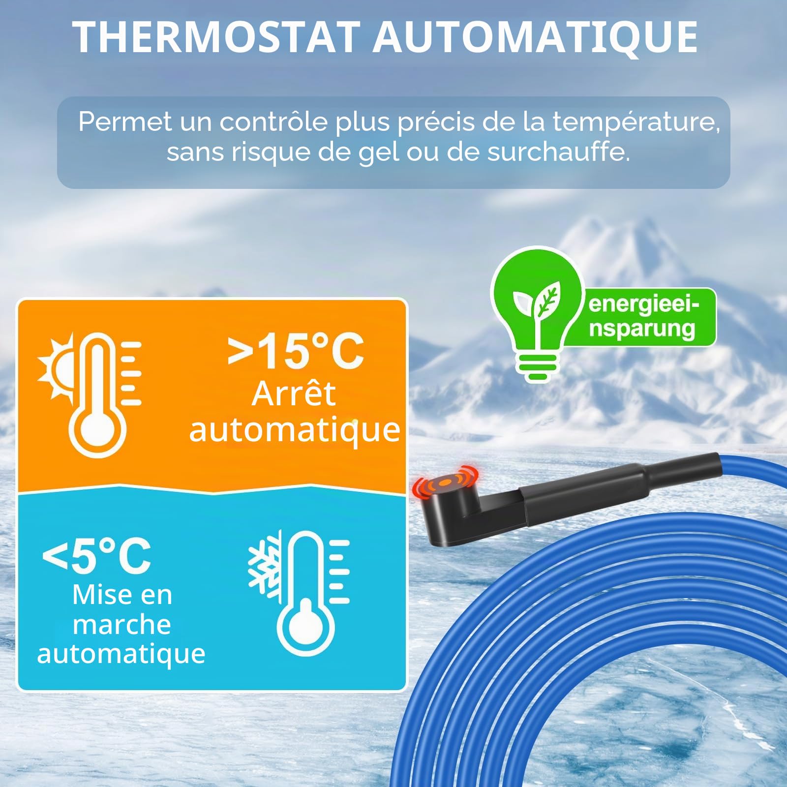 Câble Chauffants Antigel,Cable Chauffant Autorégulant 4M avec Thermostat pour Protéger les Conduites d'Eau,Tuyaux de Maison en Métal/Plastique,Distributeur d'eau pour Animaux,15W/M