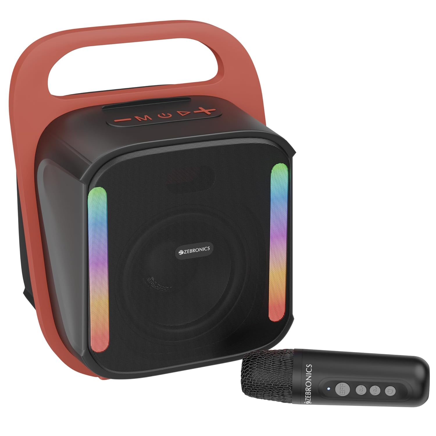 Zebronics Portable BT Speaker, 14W, Upto 4 Hrs Playback, 10.16cm Driver, BT v5.4, USB, mSD, AUX, Splash Proof, Voice Changing Wireless Mic, Carry Handle, Mobile Holder, 6 RGB Modes (Sound Feast 110) Zebronics Portable BT Speaker, 14W, Upto 4 Hrs Playback, 10.16cm Driver, BT v5.4, USB, mSD, AUX, Splash Proof, Voice Changing Wireless Mic, Carry Handle, Mobile Holder, 6 RGB Modes (Sound Feast 110)