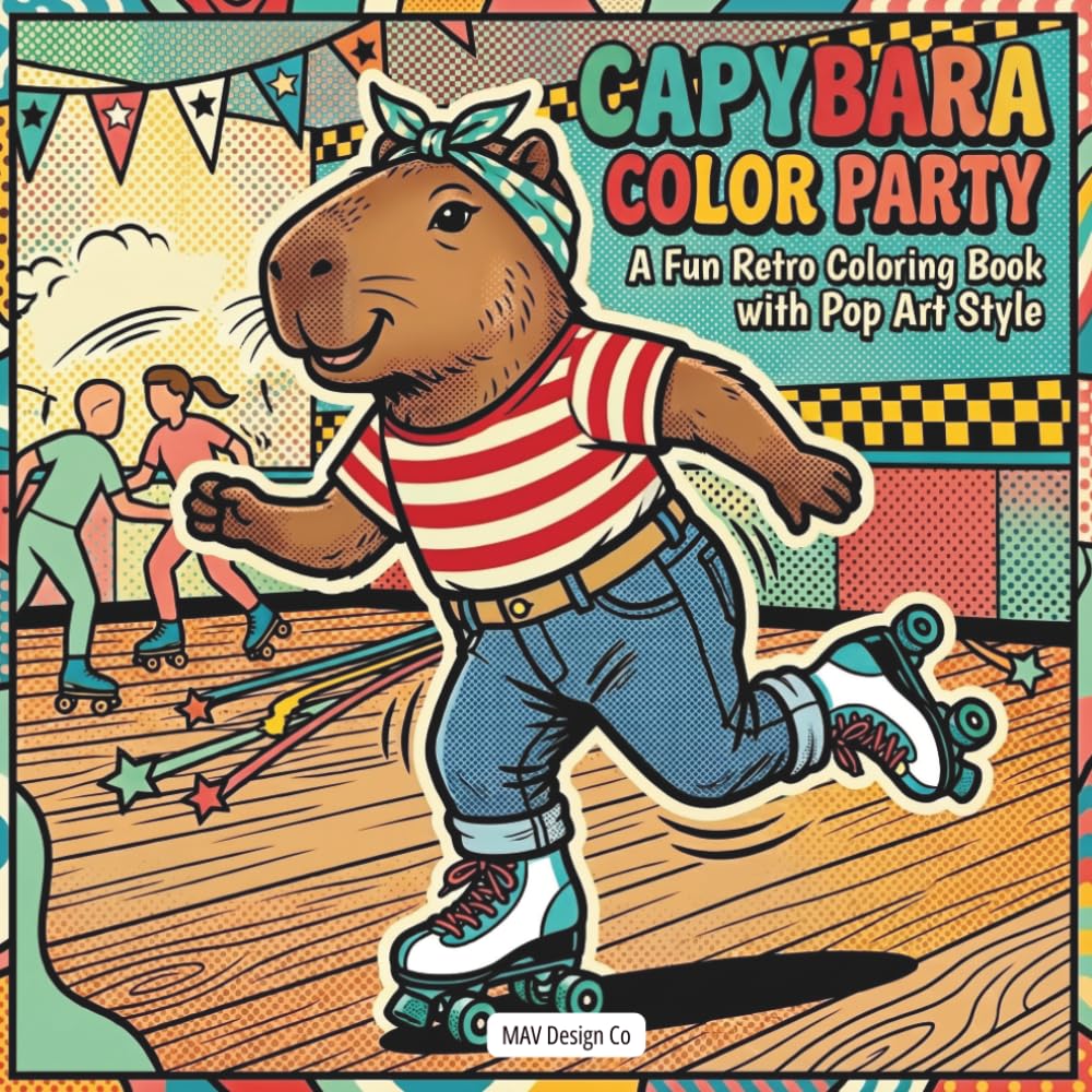 Capybara Color Party A Fun Retro Coloring Book with Pop Art Style: Featuring Funky Capybaras, Comic Graphics, Roller Rinks, and Colorful Throwback Fun