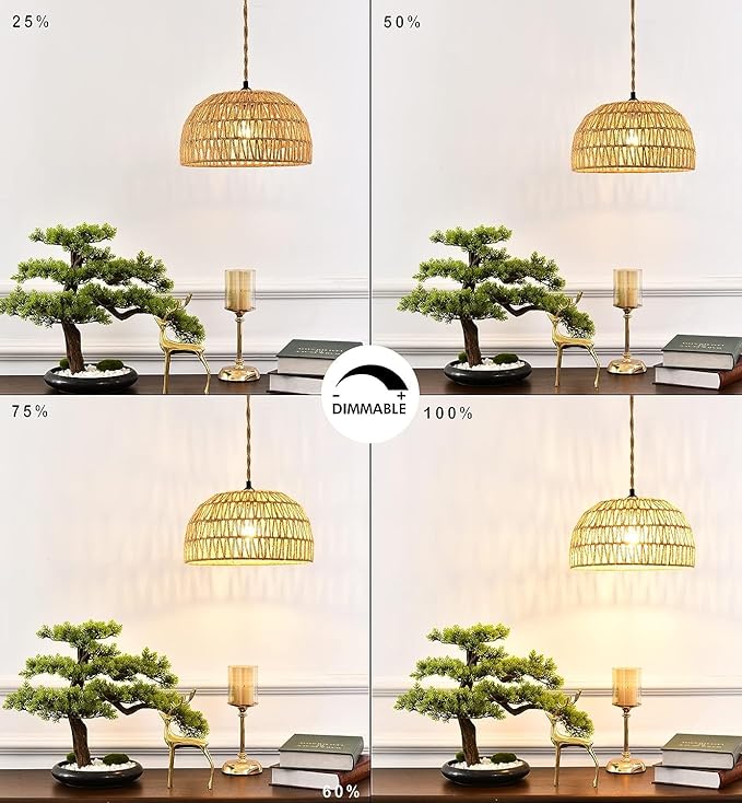 WANGLL Plug in Pendant Light Rattan Hanging Lights with Plug in Cord Hanging Lamp with Woven Bamboo Basket Lamp,Dimmable Switch,Boho Plug in Ceiling Light Fixtures for Kitchen,Farmhouse (Brown 1Pack) Made in photo 2