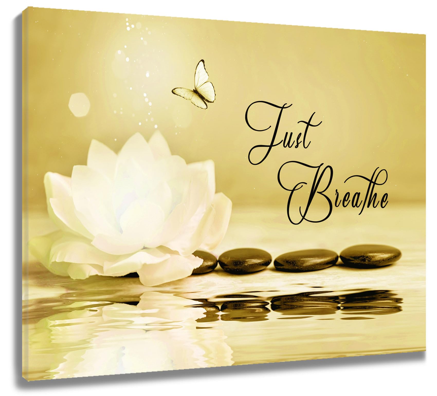 LB Zen Stone Wall Art Waterlily Flower Yellow Butterfly Canvas Wall Art for Living Room Just Breathe Yoga Spa Relax Poster Paint Wall Art Decor for Bathroom Kitchen Bedroom,16Wx12H inch Wooden Framed — image 1