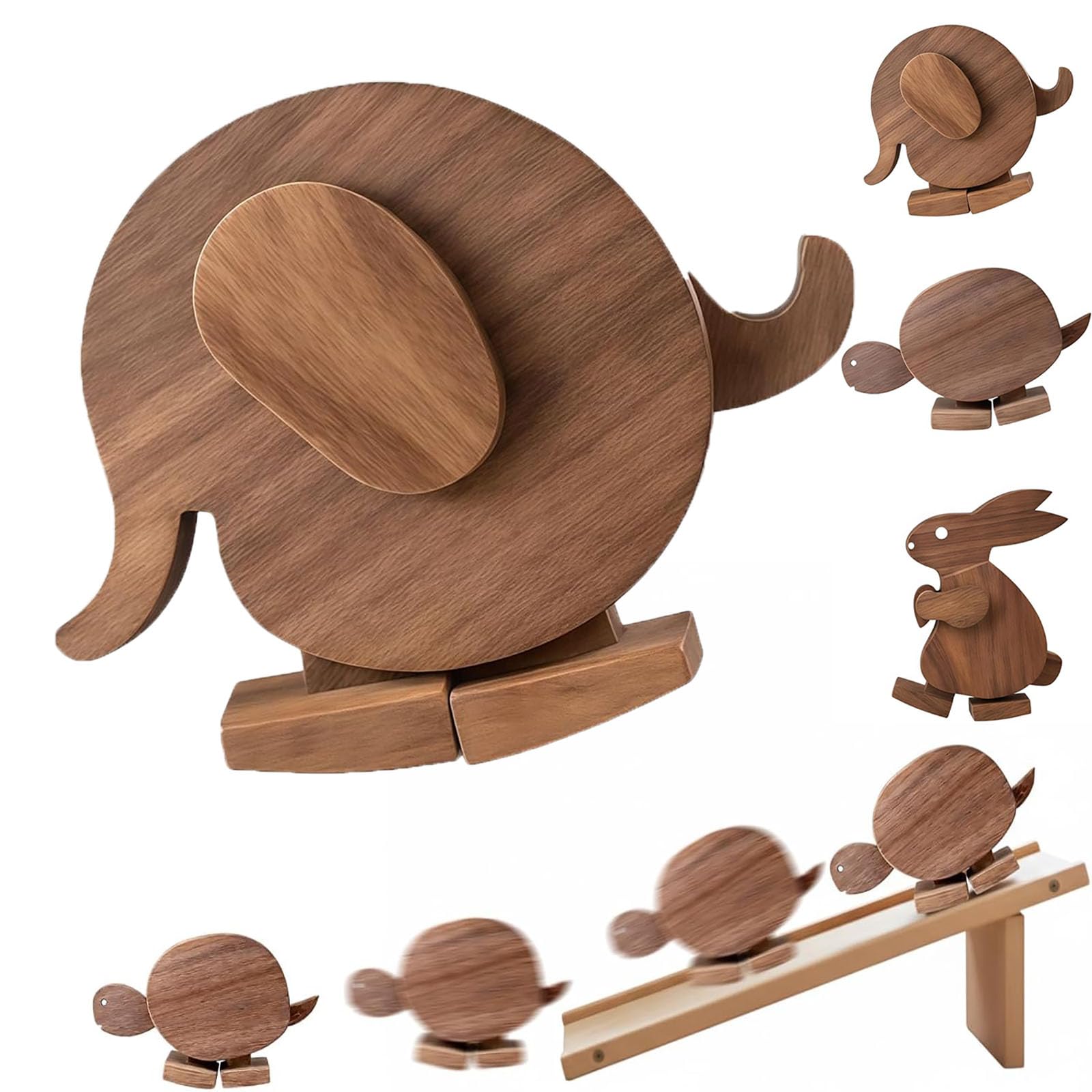 Weiwogu Elephant Handmade Walking Wooden Animals, Wooden Walking Animal Figures With Ramp, Gravity Powered Mechanical Balance Turtle Rabbit Walker Sculpture, Kinetic Desk Ornament Decor (Elephant)
