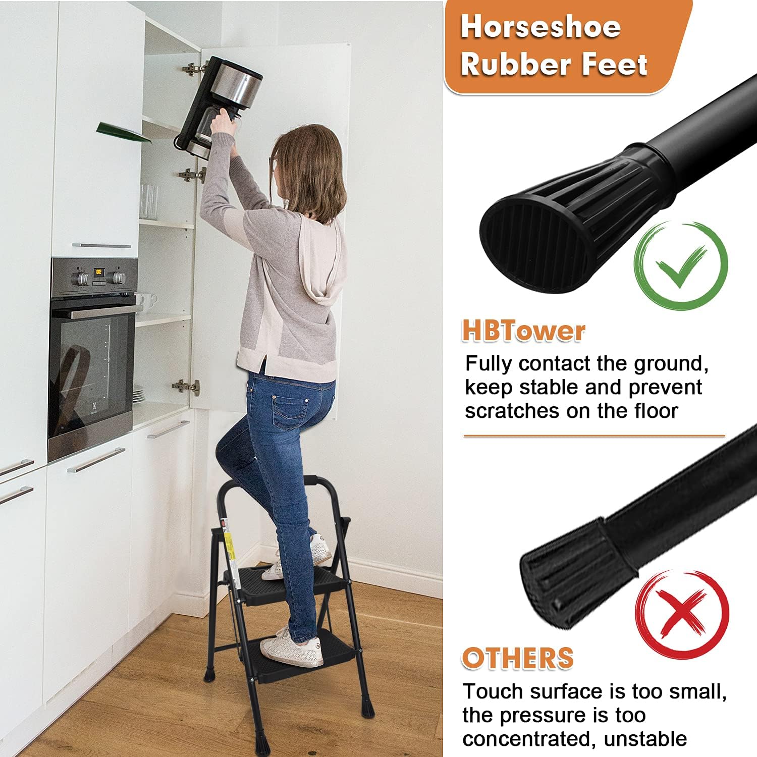 HBTower 2 Step Ladder, 500 lbs Folding Step Stool with Anti-slip Wide Pedals, Sturdy Steel Ladder, Convenient Handgrip, Lightweight Portable Step Stool - - 