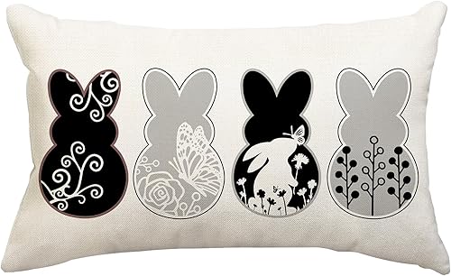Rguct Fundas de almohada de Pascua de 12 x 20 pulgadas, silueta blanca y negra, conejo, decoración de granja de Pascua, almohadas de conejos de