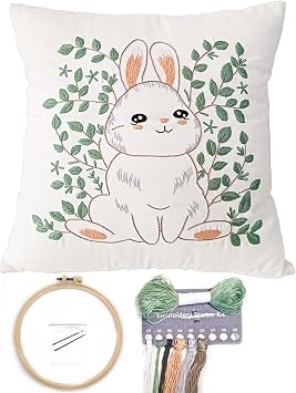 FONNUY Easter Throw Pillow Case Embroidery Kit, Eucalyptus Leaves Happy Rabbit Bunny Stamped Pattern Kits for Audlt Beginners, Hand Works Crafts Throw Pillow Cover, 18 x 18 Rabbit 01