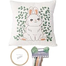 FONNUY Easter Throw Pillow Case Embroidery Kit, Eucalyptus Leaves Happy Rabbit Bunny Stamped Pattern Kits for Audlt Beginners, Hand Works Crafts Throw Pillow Cover, 18 x 18 Rabbit 01