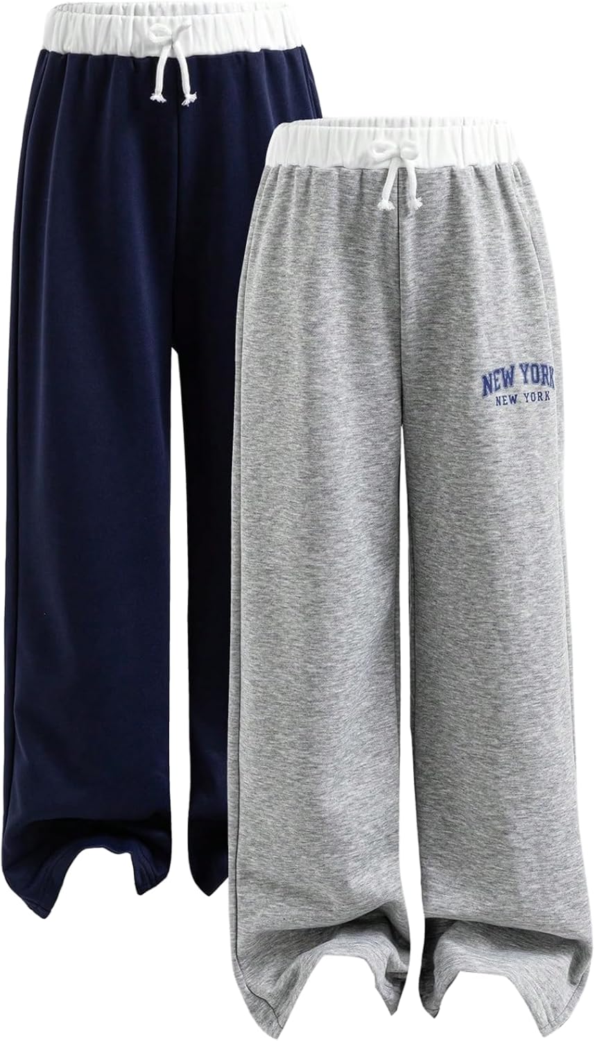 Girl's 2 Packs Baggy Sweatpants Elastic Waist Wide Leg Pants Casual Athletic Sweat Pants Trousers