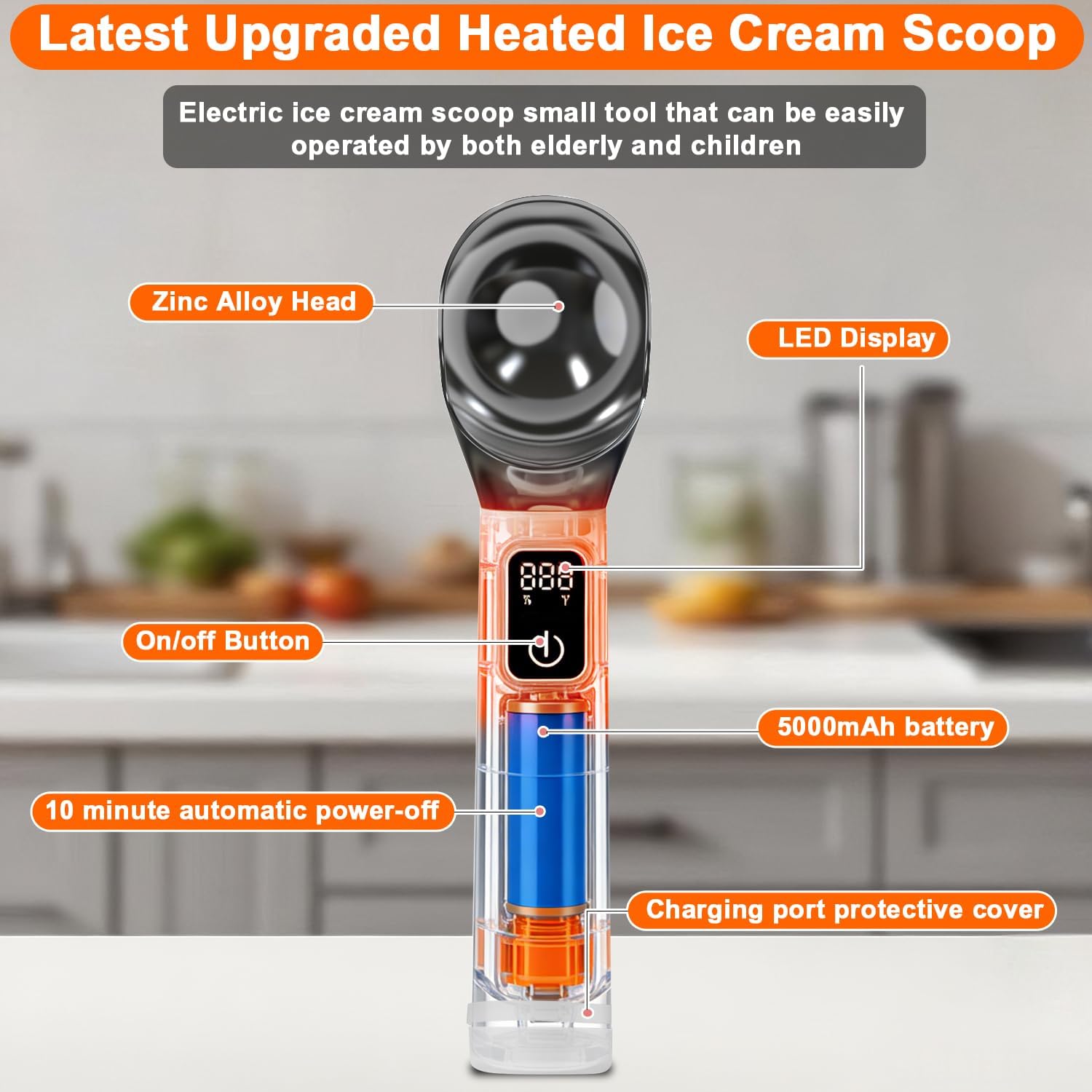 Electric Heated Ice Cream Scoop with ON/OFF and LED Display, 5000mAh Battery Rechargeable Heated Ice Cream Scoop Ideal for Scooping Hard Ice Cream and Frozen Desserts,Gift for Ice Cream Lovers (White)