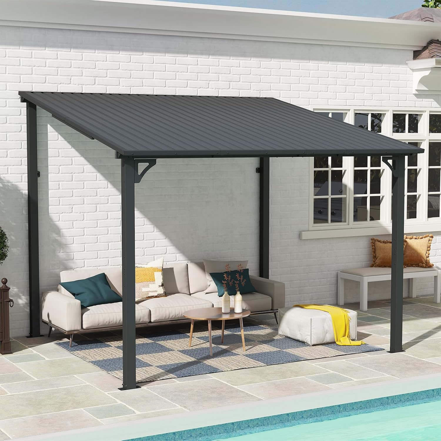 SUNSITT 10 * 14FT Outdoor Gazebo, Lean to Gazebo Pergola w/Drainage Holes, Wall-Mounted Gazebos with Galvanized Iron Hard Top Awnings for Yard, Dark Grey