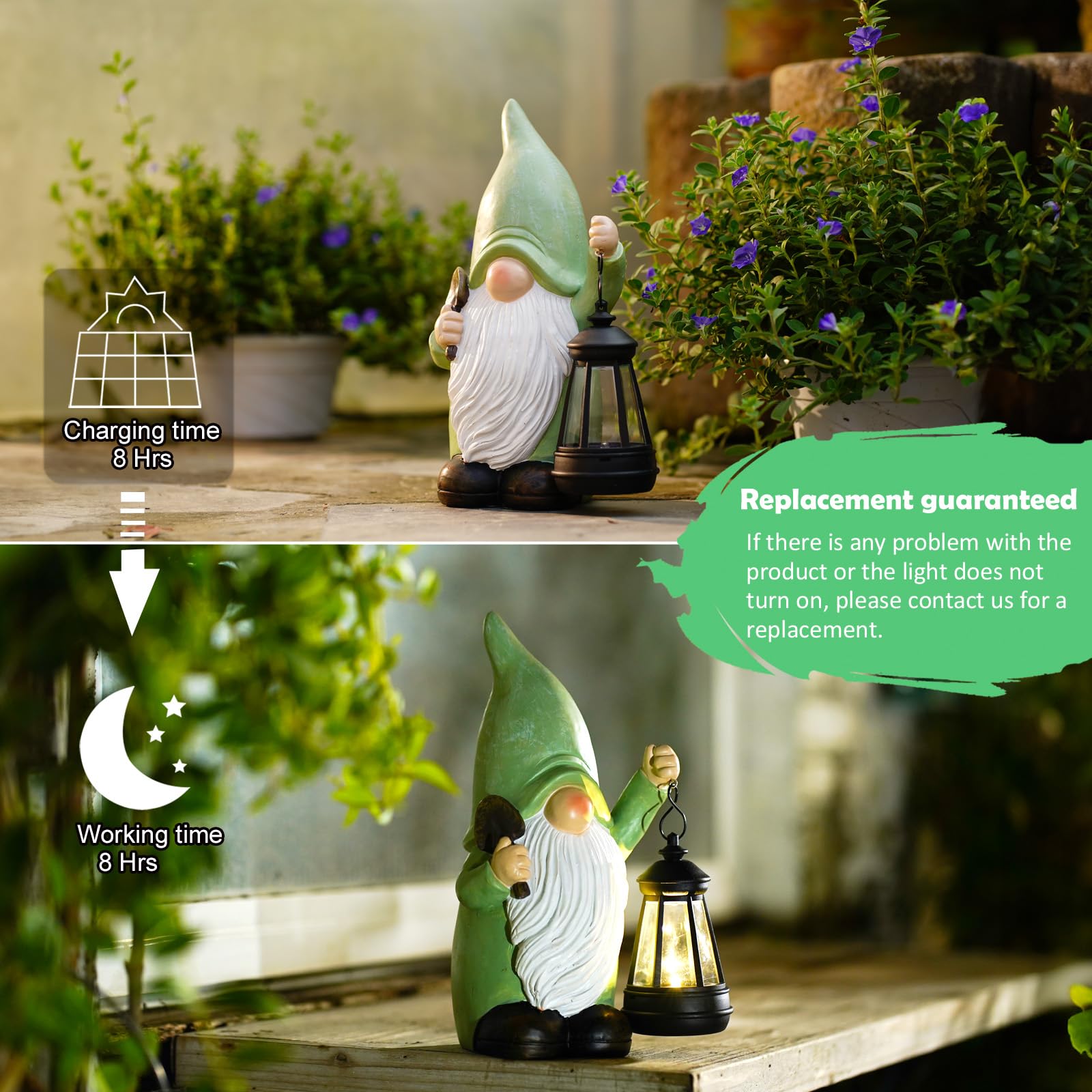Nain de jardin amusant avec lanterne, statue de nain de jardin solaire, décoration de jardin étanche, cadeau pour terrasse, pelouse, cour, 25 cm de haut