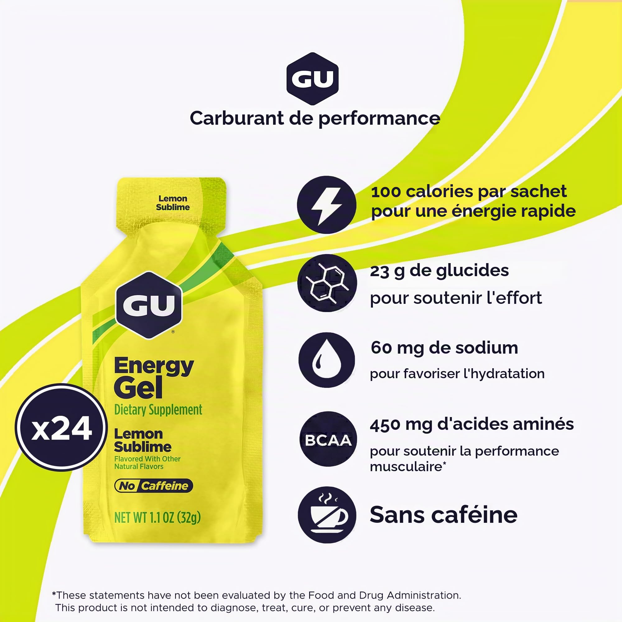GU ENERGY GEL - Citron - Boîte de 24 gels - Gel énergétique - Sodium - BCAA - Idéal pendant l'effort 100Kcal