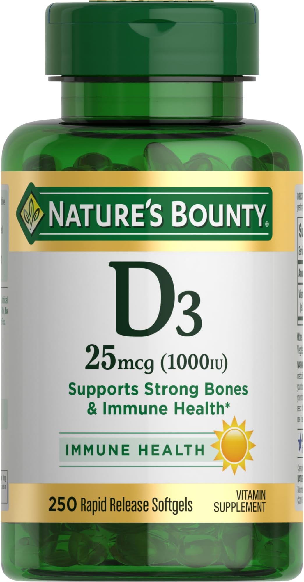Nature’s Bounty Vitamin D3 1000 IU, Immune Support, Helps Maintain Healthy Bones, 250 Rapid Release Softgels