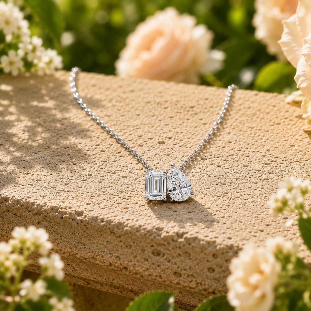 Double Pendant Necklace for Women, Pear & Emerald Cut Cubic Zirconia Necklace, Toi et Moi Inspired Two Stone Pendant, Adjustable 18" Stainless Steel Chain, 4 Carat Total Weight, Elegant Everyday Jewelry Gift
