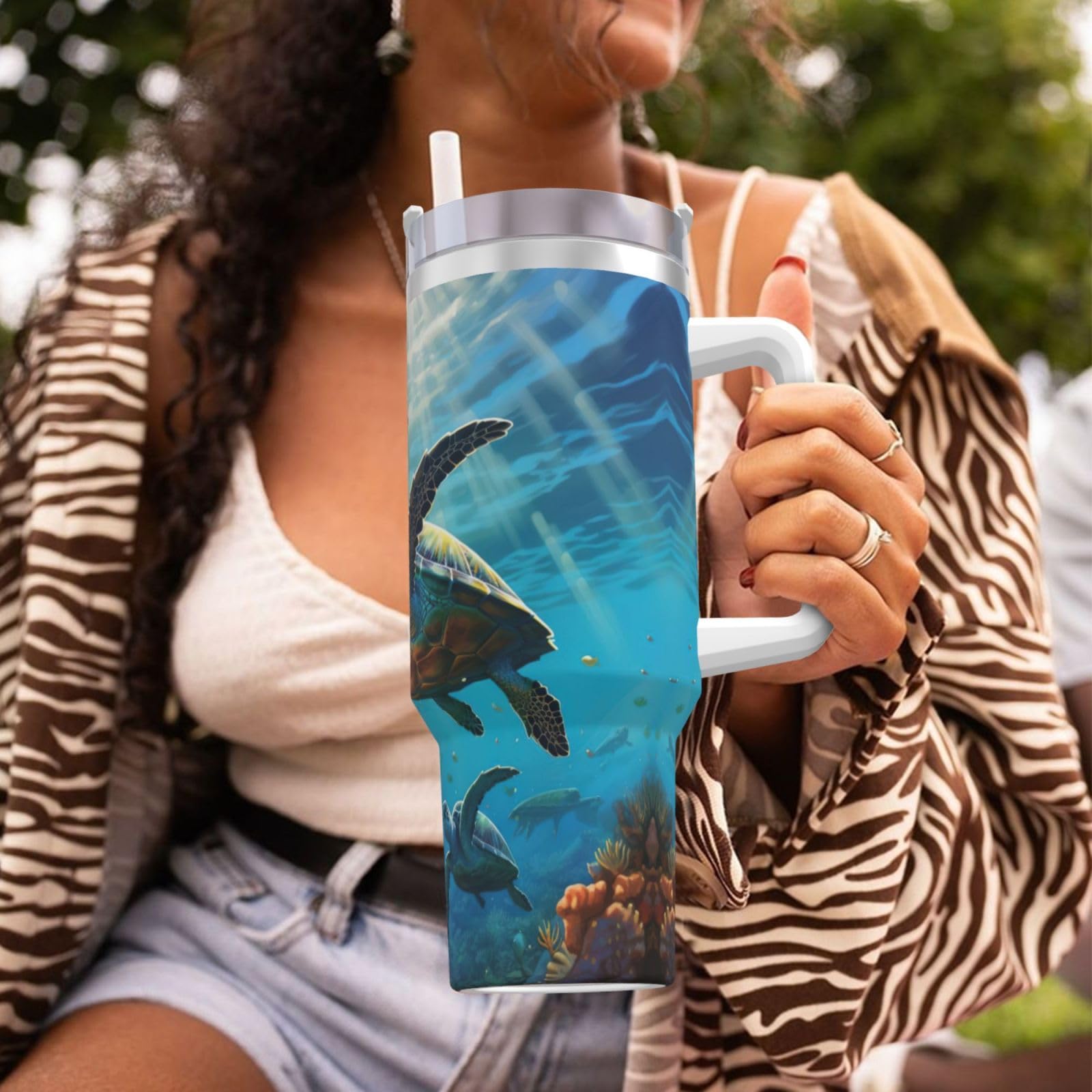 Sea Turtles Ice Bully Wasserflasche aus Edelstahl, doppelwandig, isoliert, mit Griff und Strohhalm-Deckel, 1,2 l