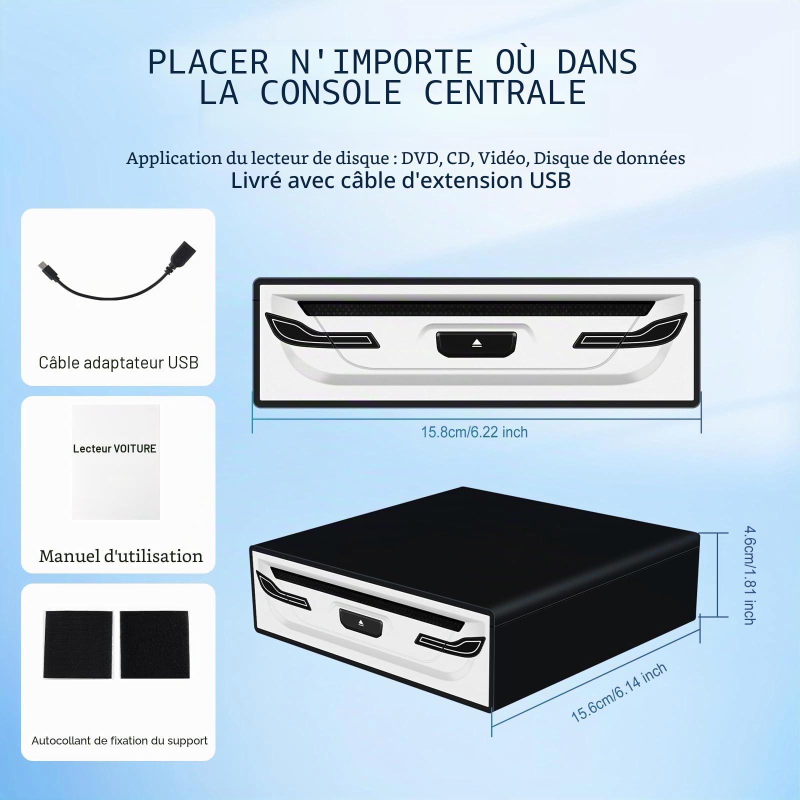Lecteur CD/DVD externe pour voiture, ordinateur portable, TV et plus - Avec USB 2.0, Plug & Play, fonction anti-choc, compatible avec Smart TV, ordinateurs portables, tablettes (Android 4.4 et