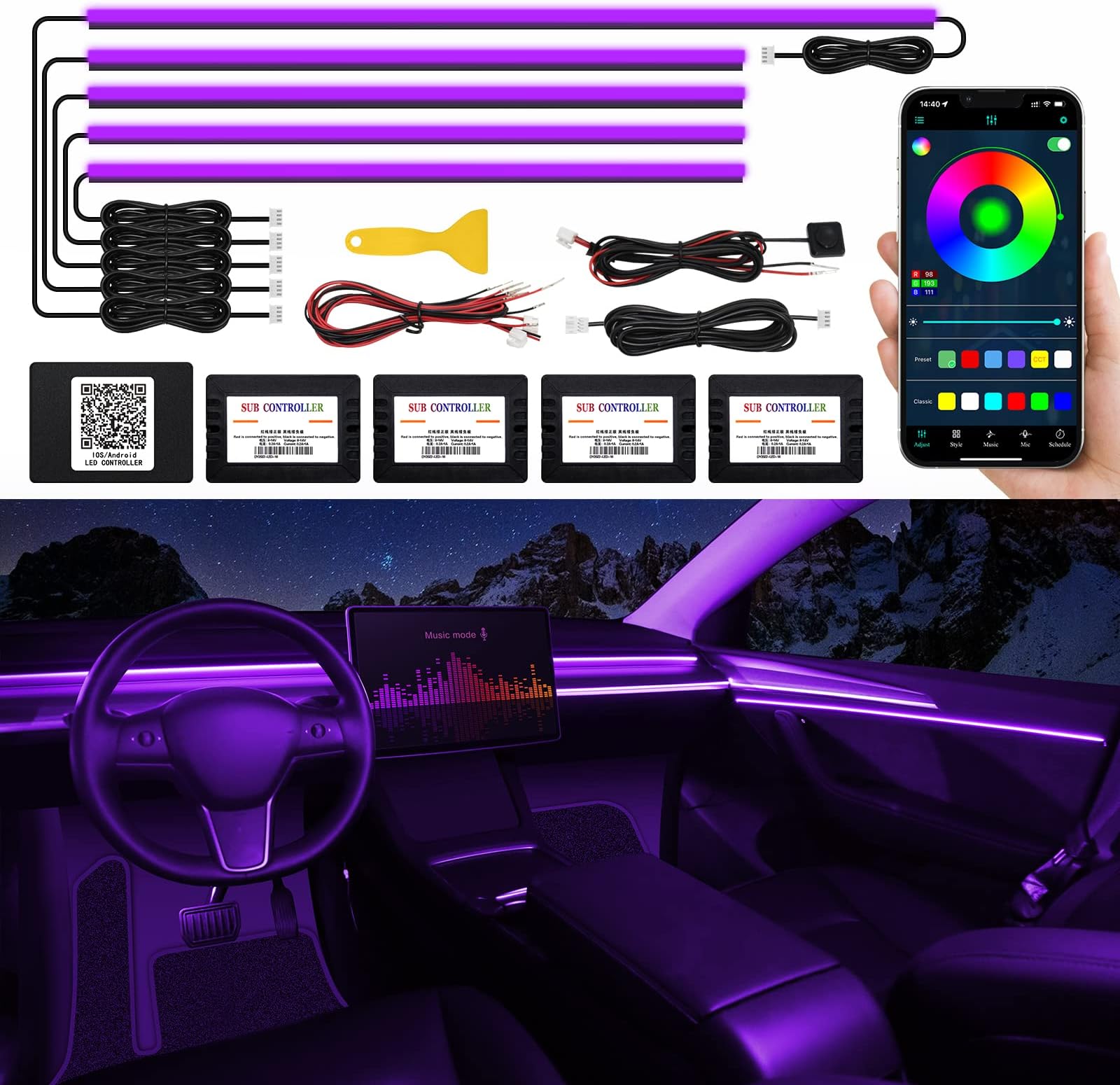 – Acrylic Interior Car LED Strip Light with Wireless APP, RGB 6 in 1 with 175 inches 593 LEDs Fiber Optic Ambient Lighting Kits, 16 Million Colors Sound Active Function Car Neon Lights