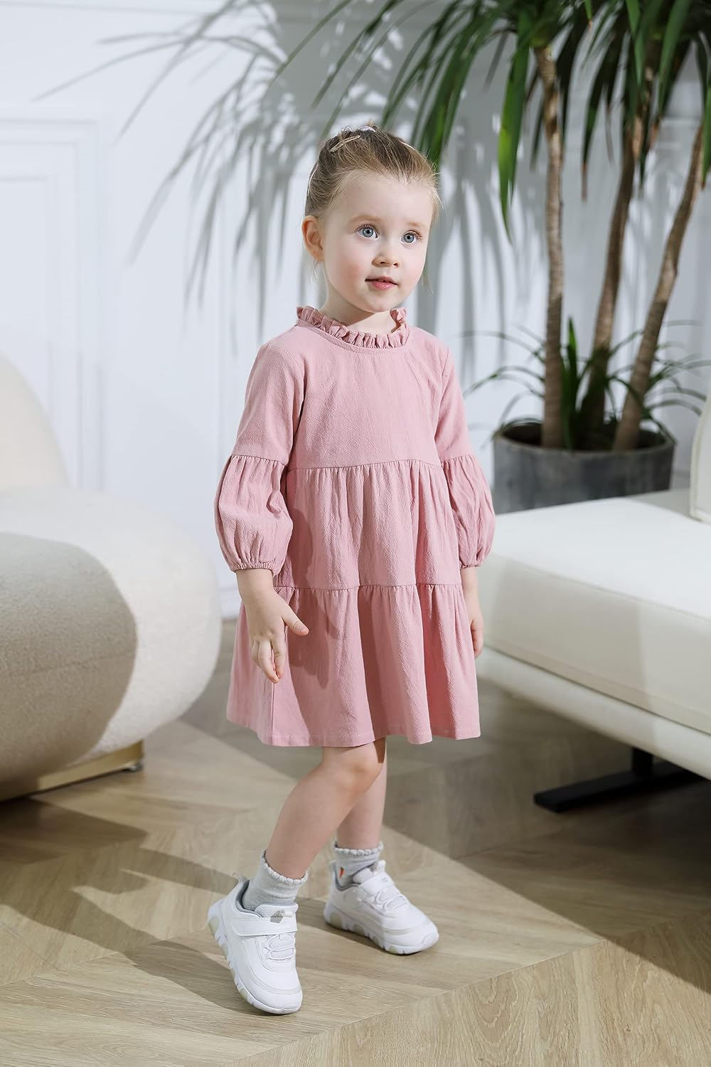 Toddler Kids Baby Girl Dress Lantern Long Sleeve Solid Color Casual Dresses Girls Fall Winter Outfit Clothes