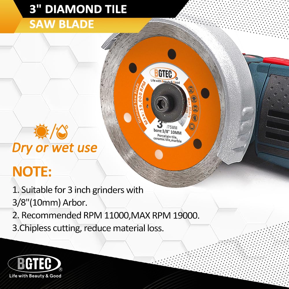 Diamond Tile Cutting Dics - BGTEC 5PCS Ceramic Tile Saw Blade 3 inch with 3/8 inch Arbor Continuous Toothing for Porcelain Ceramic Granite Marble Tile Granite