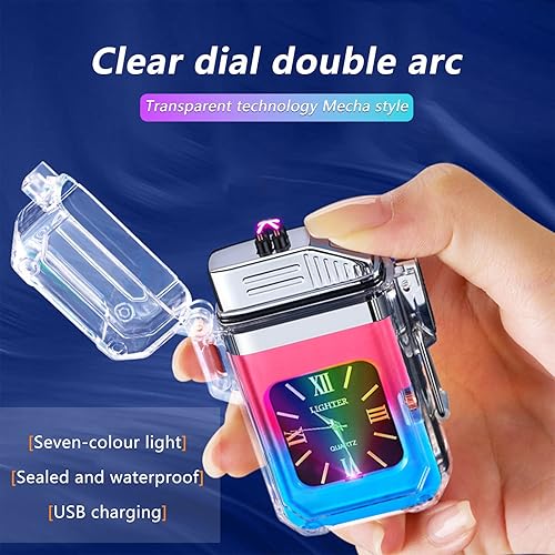Miniatura 8 de SKRFIRE Encendedor eléctrico transparente, impermeable, encendedor de doble arco con linterna LED, encendedor a prueba de viento, encendedor USB