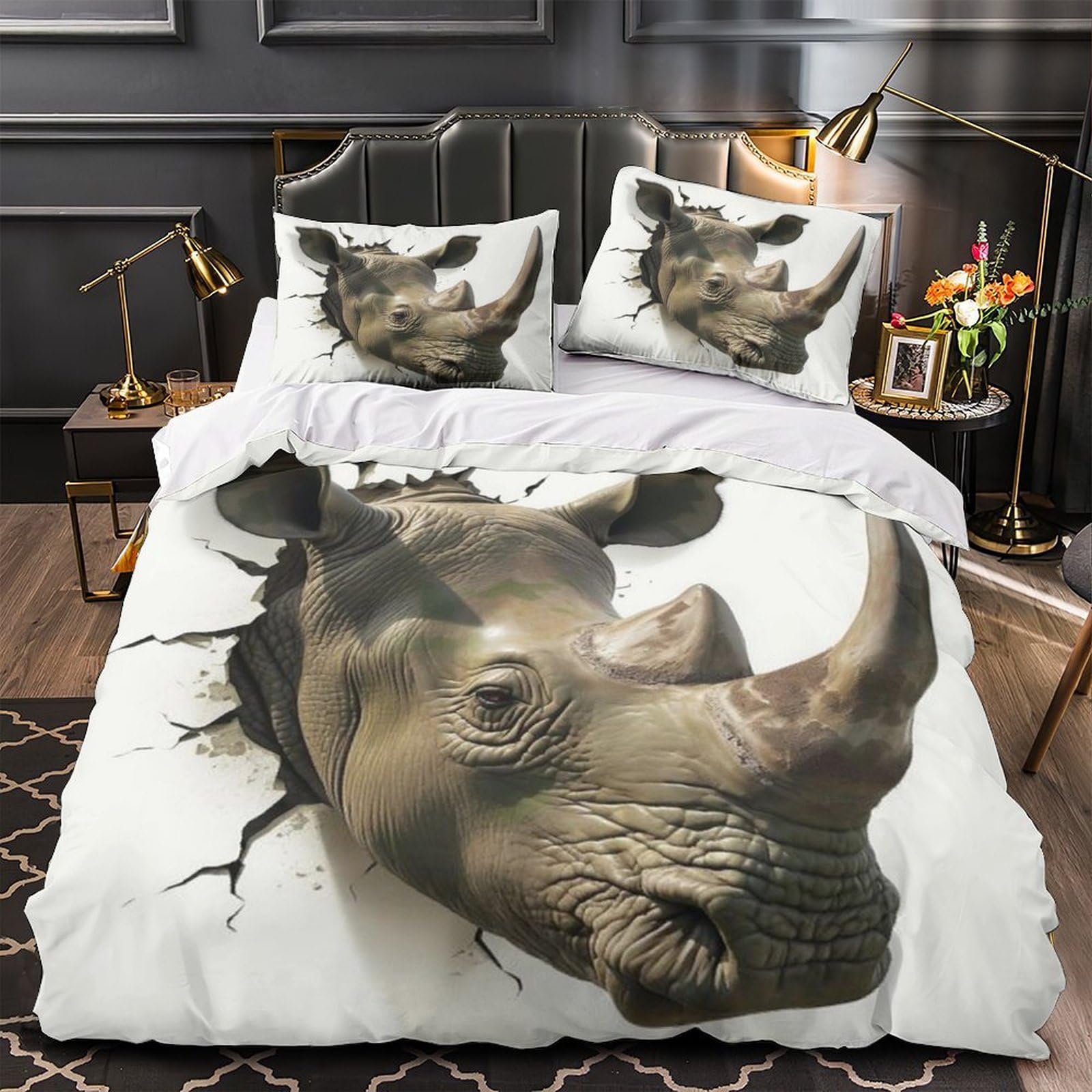 Housse de couette rhino 3D 260x220cm avec taies parure de lit grand format