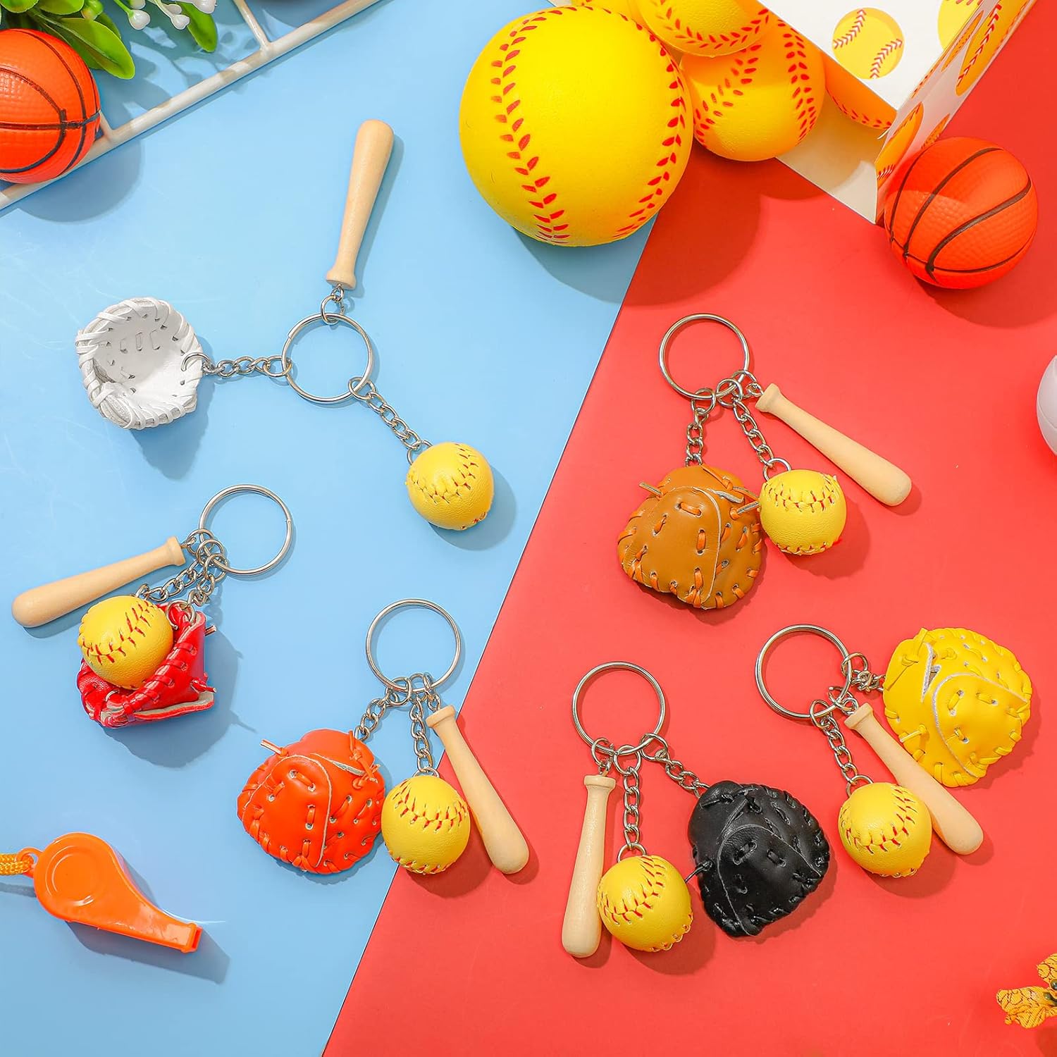 Inbagi 30 Pieces Mini Softball Keychains Mini Wooden Bat Softball Keychain with Glove Sports Wooden Keyring Team Gifts for Party Favors Athletes Souvenir