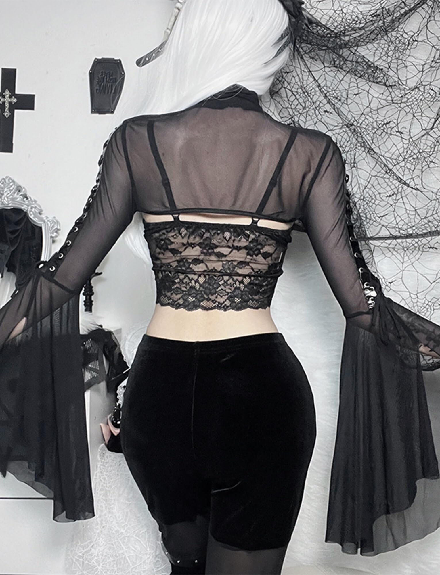 SEAUR Gothique Boléro Lace Shrug à Manches Longues Dame Boléro en Dentelle Noir Punk pour Femme Cardigan Lolita Ados Fille