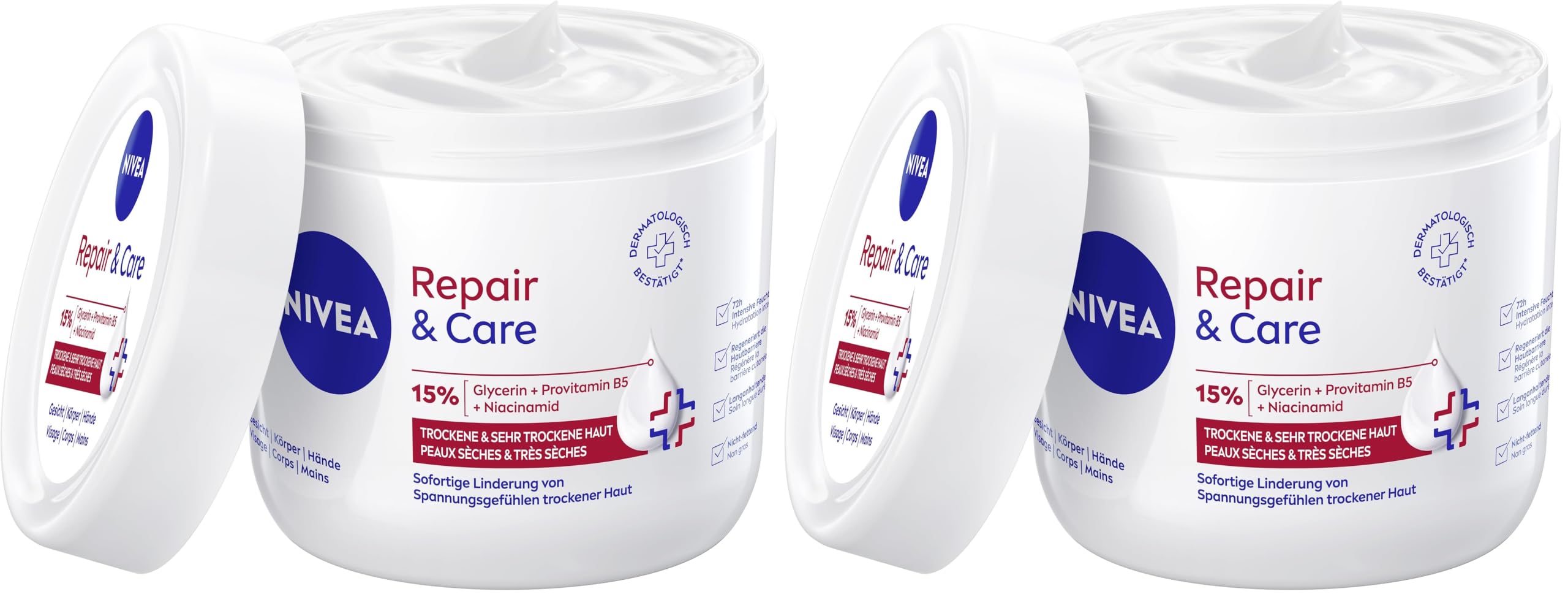 NIVEA Repair & Care Creme (400ml), feuchtigkeitsspendende & nicht fettende Körpercreme, schnell einziehende Lotion mit Provitamin B5 & Glycerin, für sehr trockene Haut (Packung mit 2)