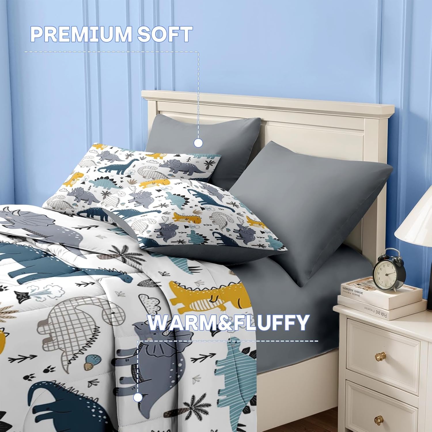 Nesker 7 Pcs Comforter Set Full Size, Cute Dinosaur Dino Bedding for Kids Teen, Blue Yellow Dragon with Fitted Sheet 2 Pillowcases & 2 Shams for Bedroom Bed Décor