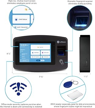 uAttend JR2000 Biometric Fingerprint, RFID, PIN Time Clock for Small Business Cloud-Based Attendance System with Optional Payroll Integration All-in-One System
