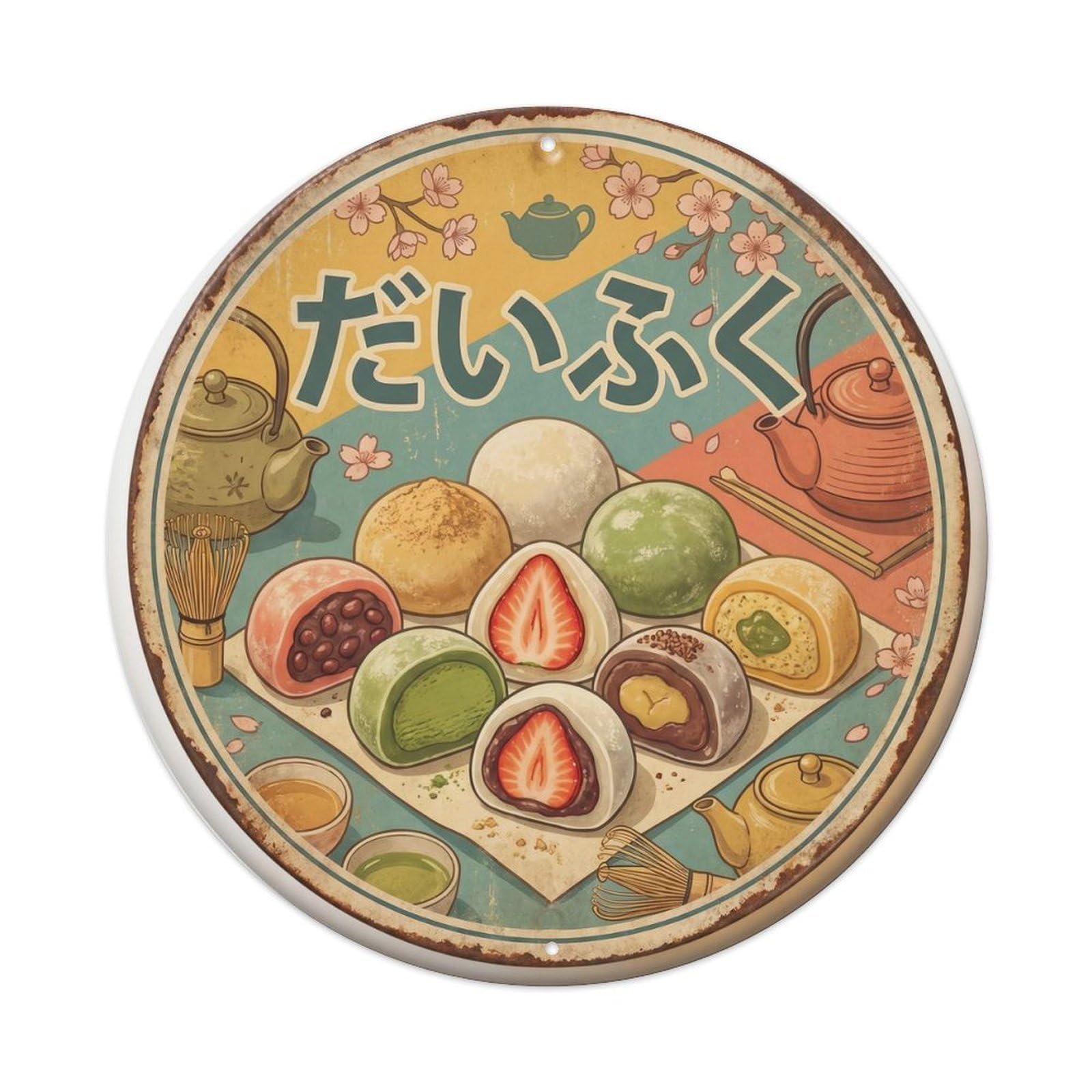 Cxhjca 8X8inch(20X20cm) Daifuku Japanese Wagashi Cafe Travel Style Dessert Metal Tin Sign
