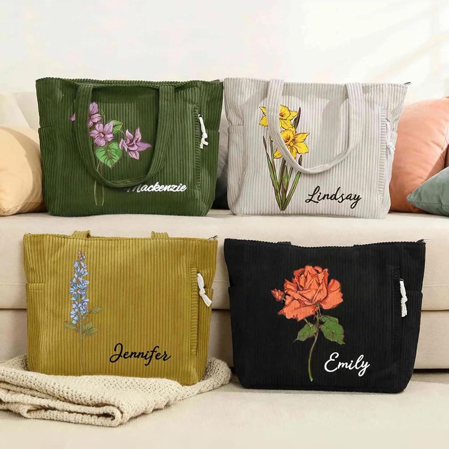 CALLIE Personalized Birth Flower Corduroy Tote Bag for Women, Custom Large Shoulder Handbags with Zipper Name, Travel College Work Accessory, Mother's Day Graduation Nurse Week Birthday Gift for Women - Image 6