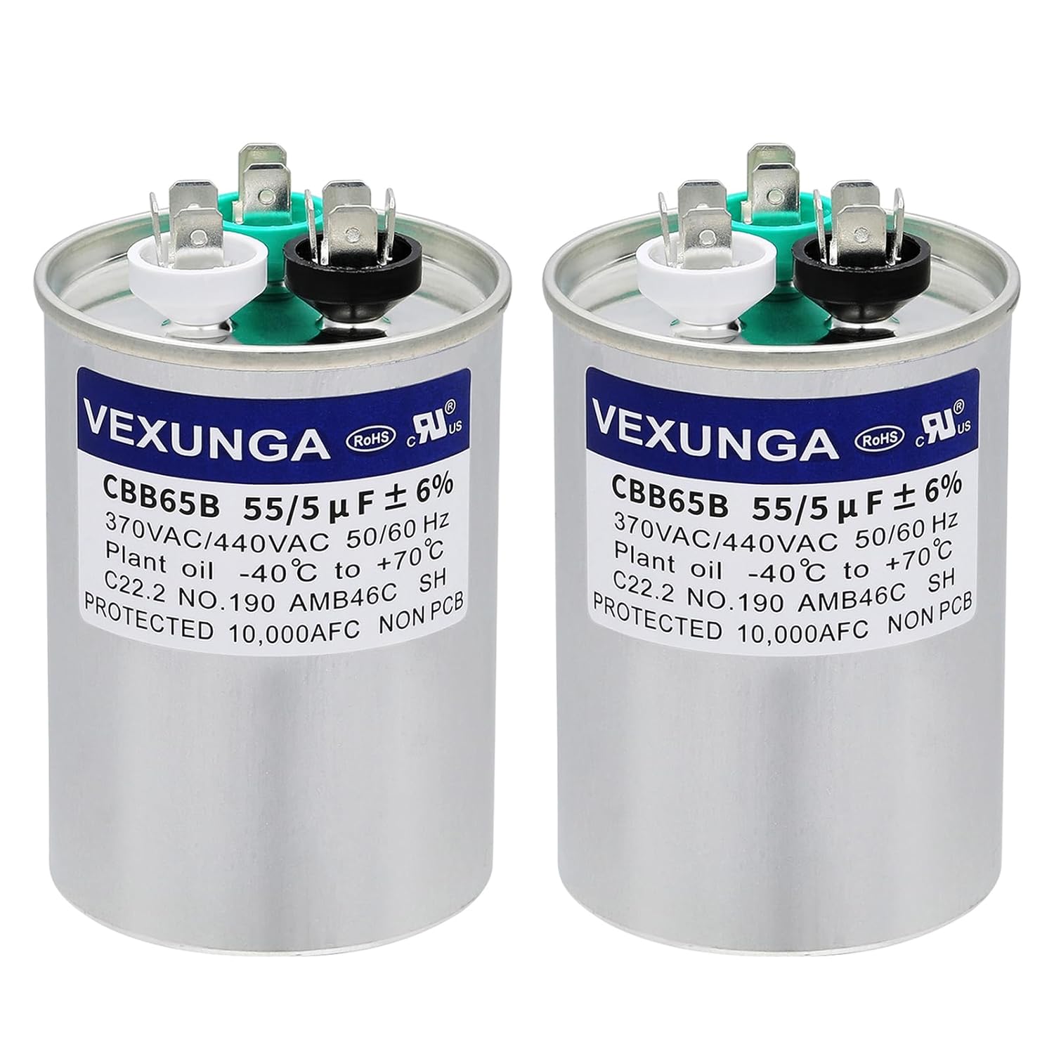 VEXUNGA 2PCS 55+5uF 55/5MFD 370V or 440V Dual Run Start Round UL Listed AC Capacitor 55 5 uF MFD 370 440 Volt VAC CBB65 Air Conditioner Capacitors for Fan Motor or Heat Pump or Condenser Straight Cool