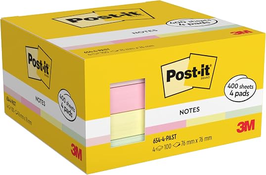 Post-it Notes, 4 Pads (400 Sheets), 76 x 76 mm, Blue, Green, Pink, Yellow
