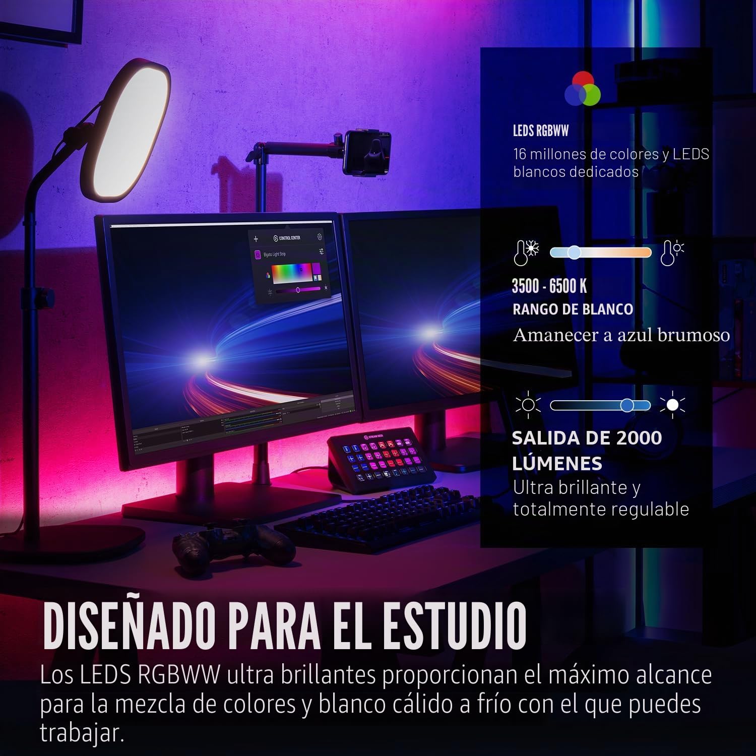 Elgato Light Strip Extension - luces LED RGBWW sin parpadeo, 2000 lúmenes, 16 millones de colores, blanco cálido/frío, control con app, iOS, Android, PC, Mac, integración con Stream Deck