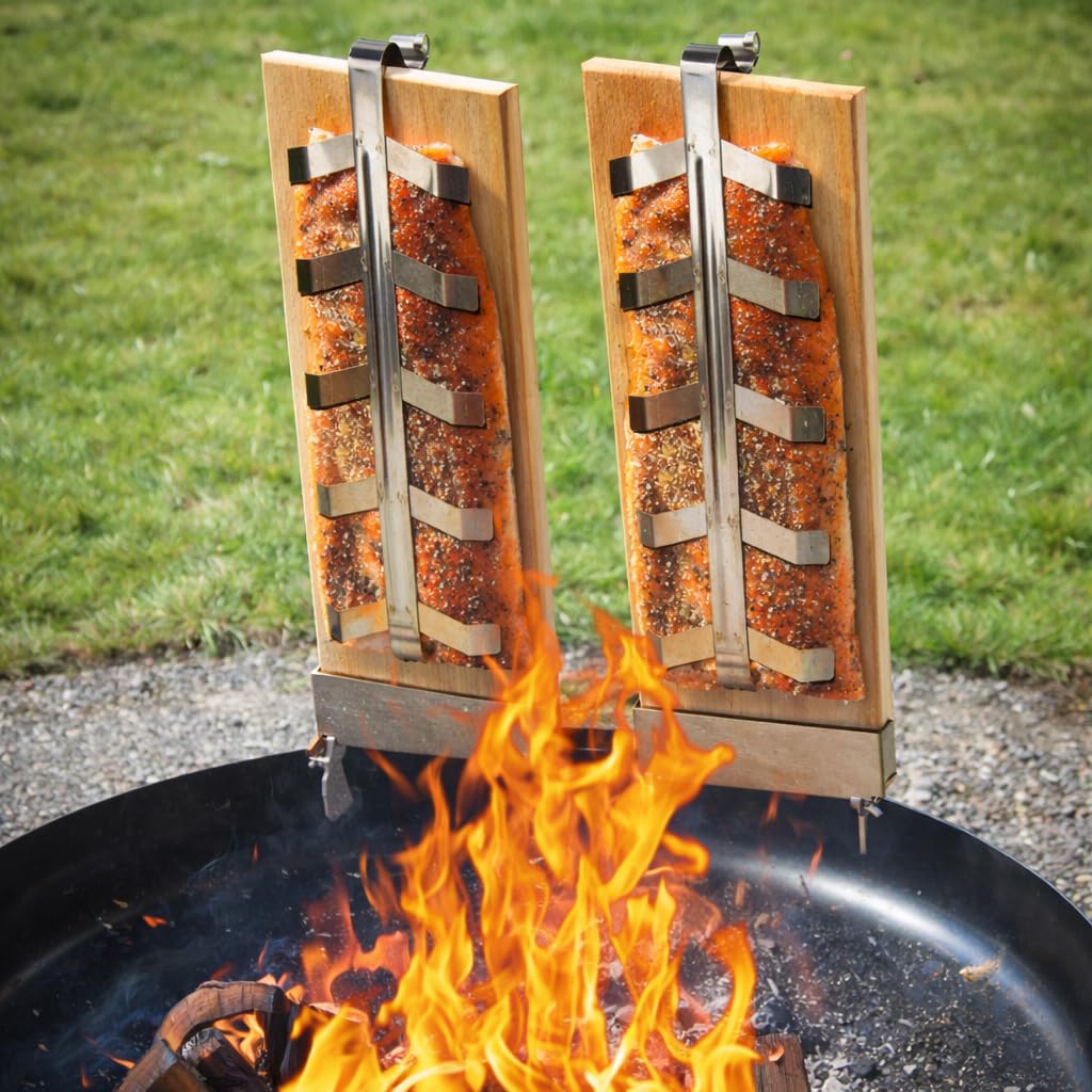 Wiederverwendbares Flammlachsbrett 2er Set mit Edelstahlhalterung, Tannenholz Lachsbrett für Feuerschale & Grill, Verstellbarer Flammlachs Halterung für BBQ und Outdoor Camping