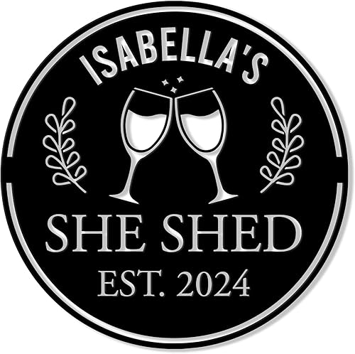 Miniatura 8 de Letrero de metal personalizado con texto en inglés «She Shed» – Decoración de pared con nombre personalizado para jardín, porche, patio, valla o