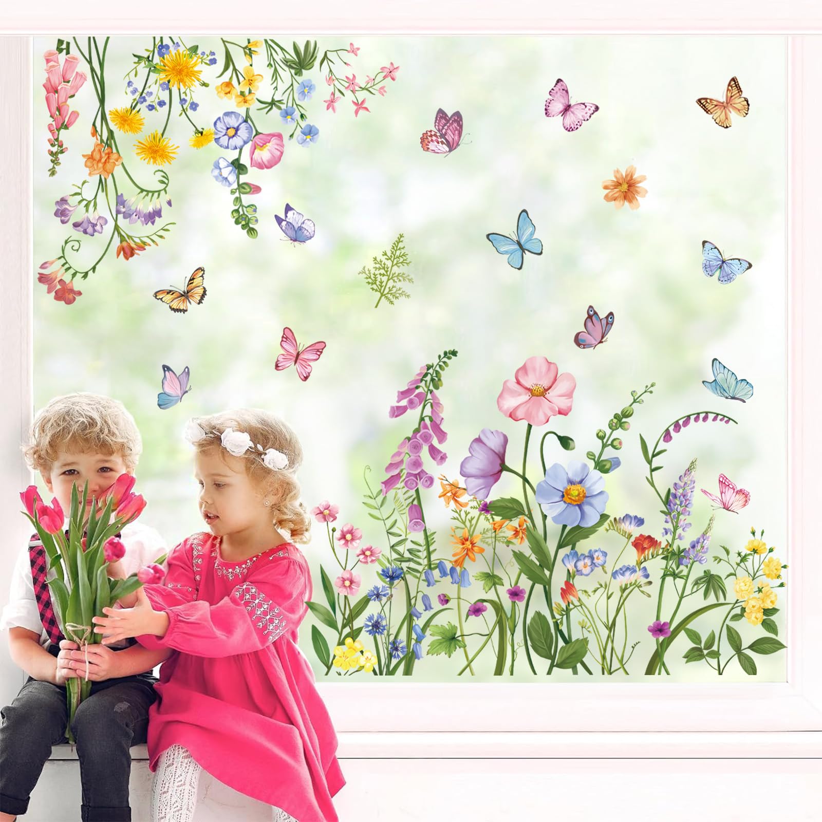 wondever Pegatinas de Ventana Flores Primavera Verano Pegatinas de Anticolisión Flores de Jardín Amapola Calcomanías de Ventana Doble Cara Decoración de Ventanas para Vidrio