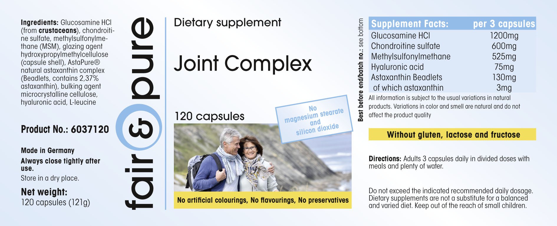 Fair & Pure® - Glucosamina Complex - Glucosamina e condroitina + MSM e Astaxantina - Complesso articolare - 120 Capsule