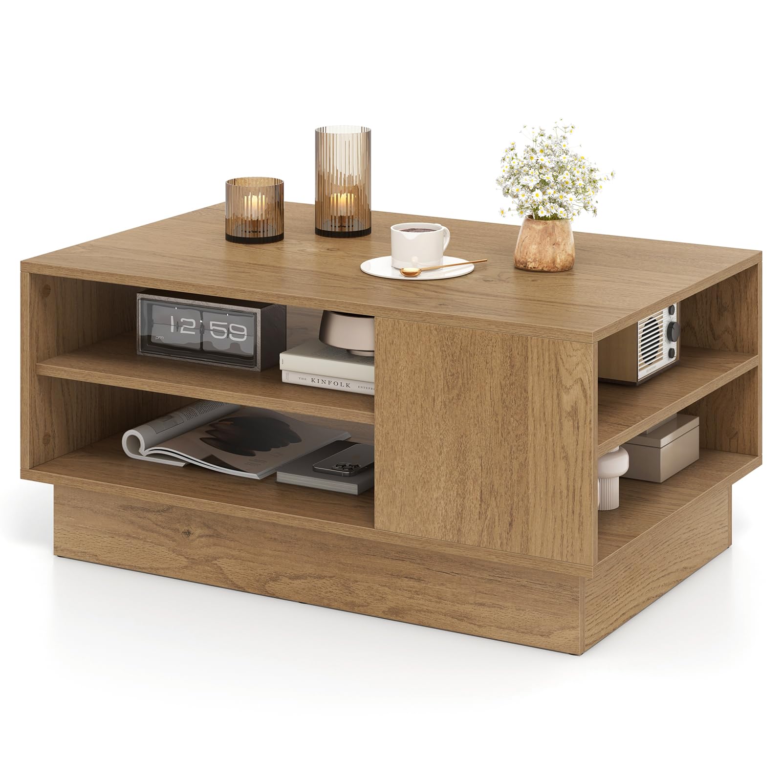 COSTWAY Mesa de Centro Moderna, Mesa Rectangular con 2 Estantes Abiertos, Mesa Auxiliar para Salon, Sala de Recepción, Sala de Espera, 86 x 56 x 41 cm (Natural)